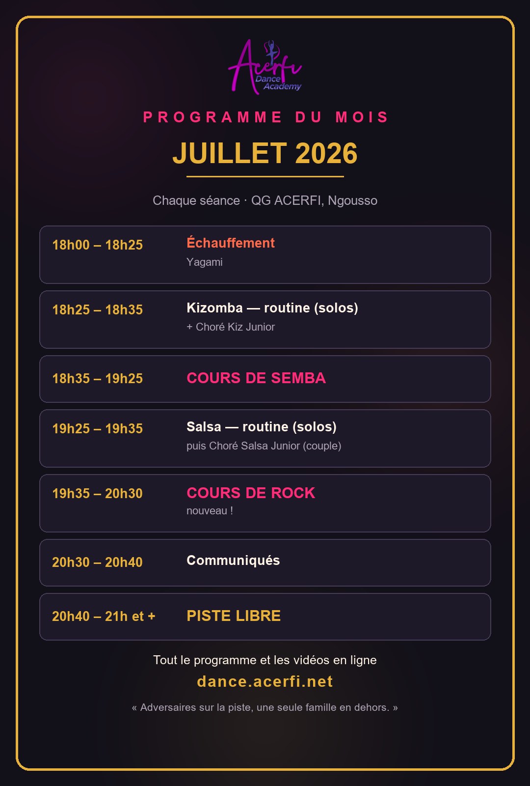 Affiche du programme de Juillet 2026 — ACERFI Dance Academy